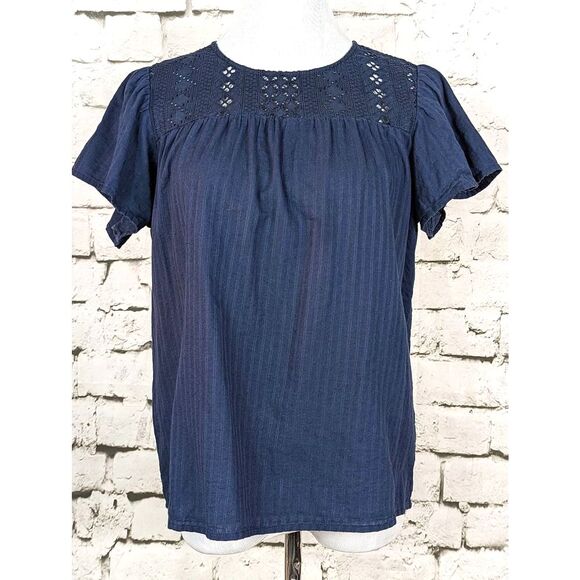 ELLA MOSS "Brianne" Boho Peasant Earthy Casual Eyelet Top Navy Blue Size Small - Picture 2 of 7